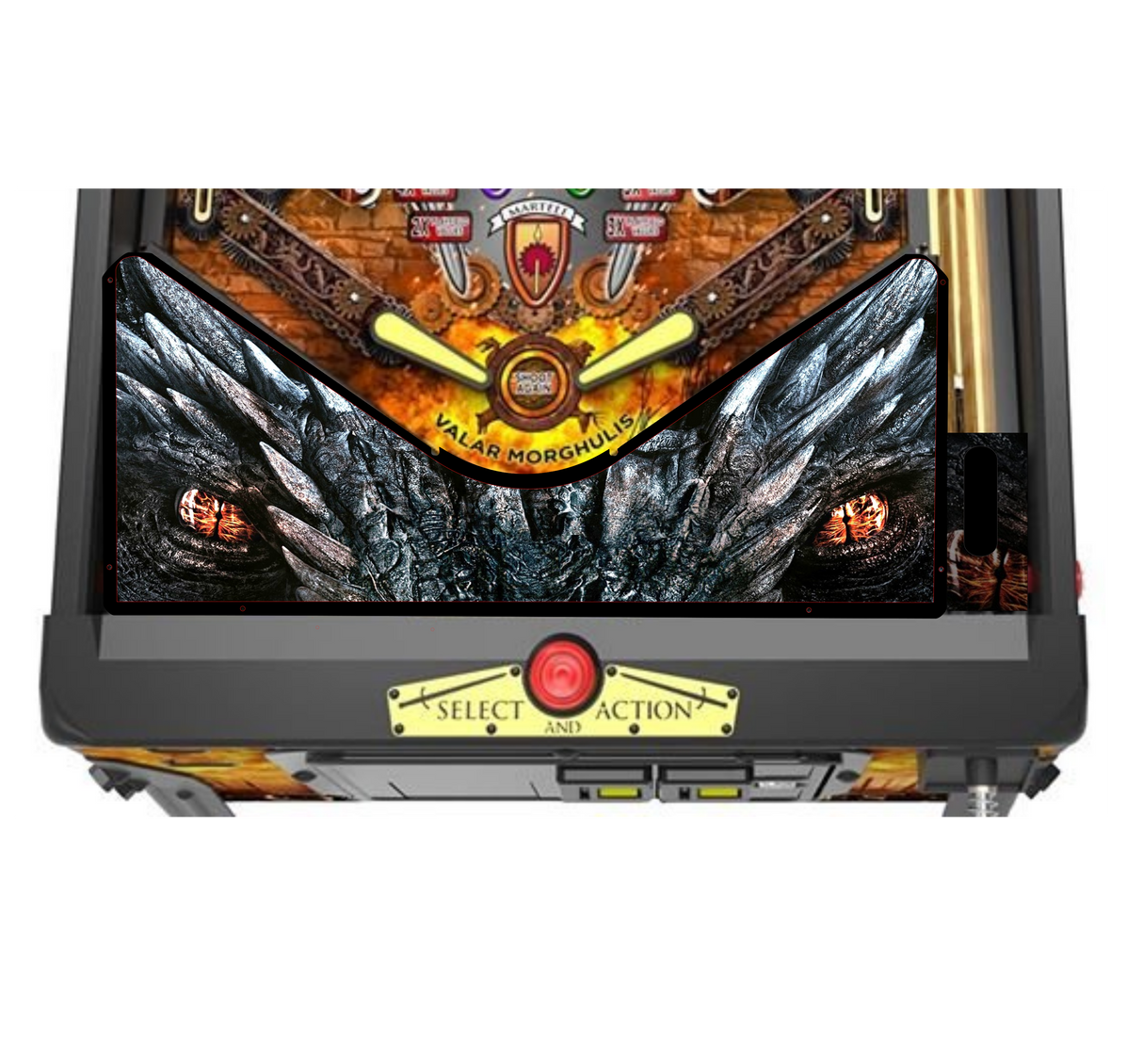 Pinball machine with detailed artwork and a red button on a white background