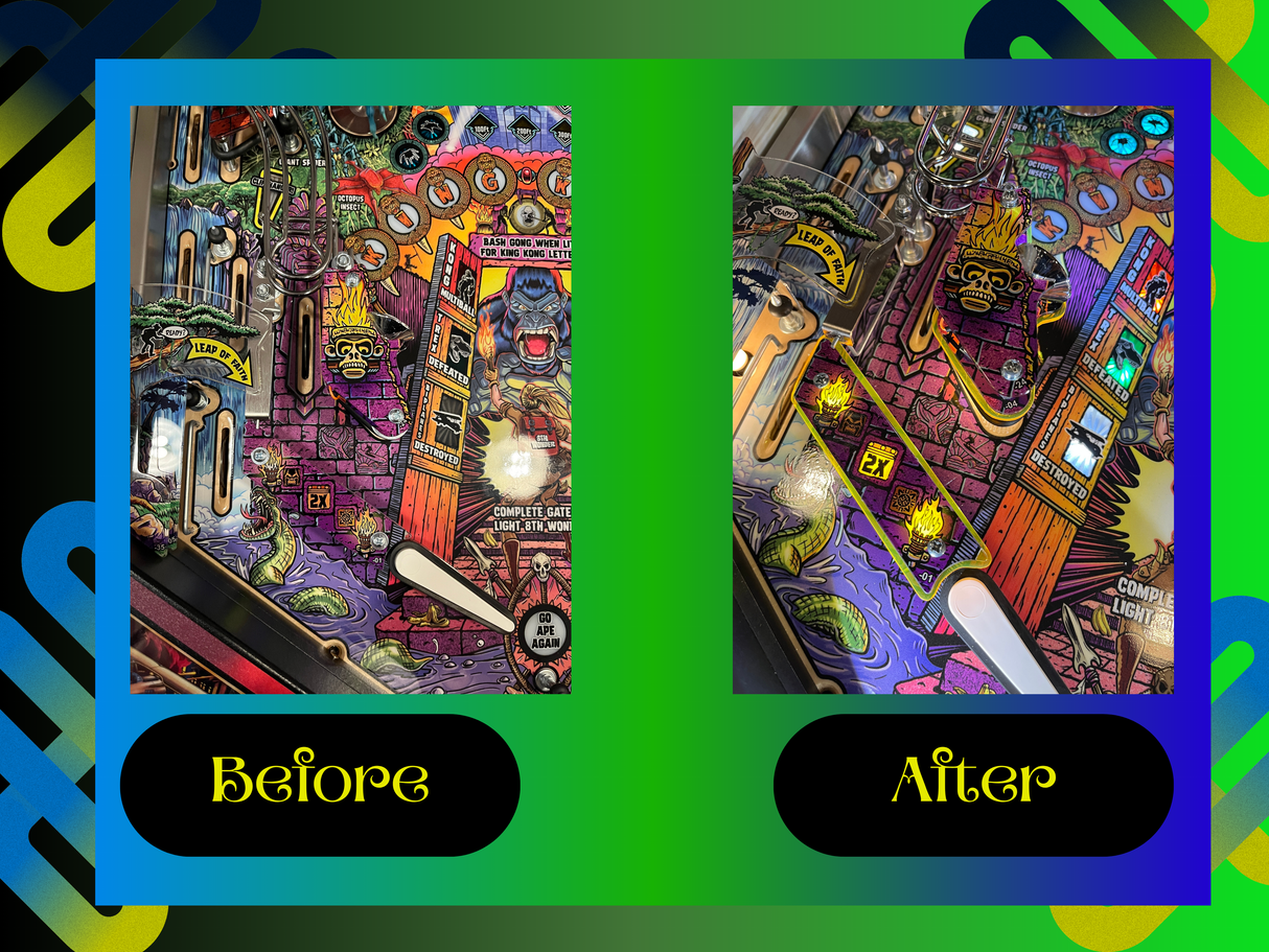 Before and after image of the King Kong Pinball Plastic Protectors set