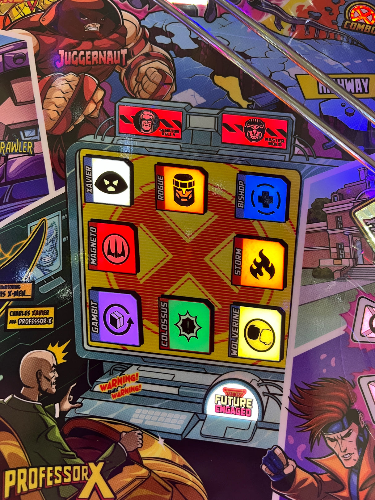 Colorful pinball machine accessory kit featuring characters from the Uncanny X-men series with corresponding colorful gel pads for the display.