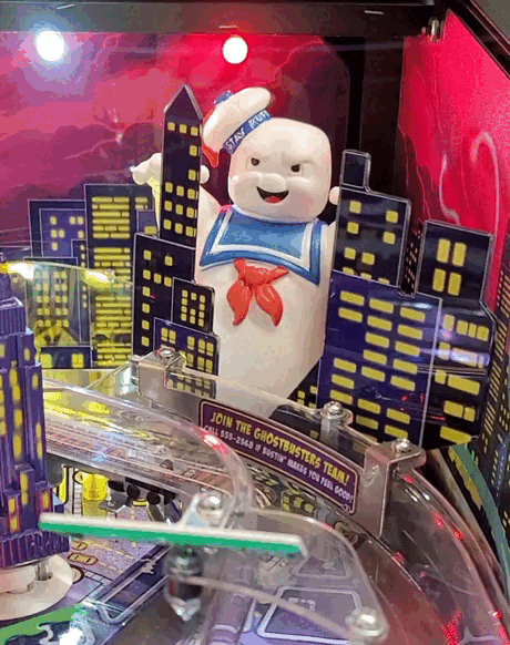 stay puft marshmallow moving in a pinball machine