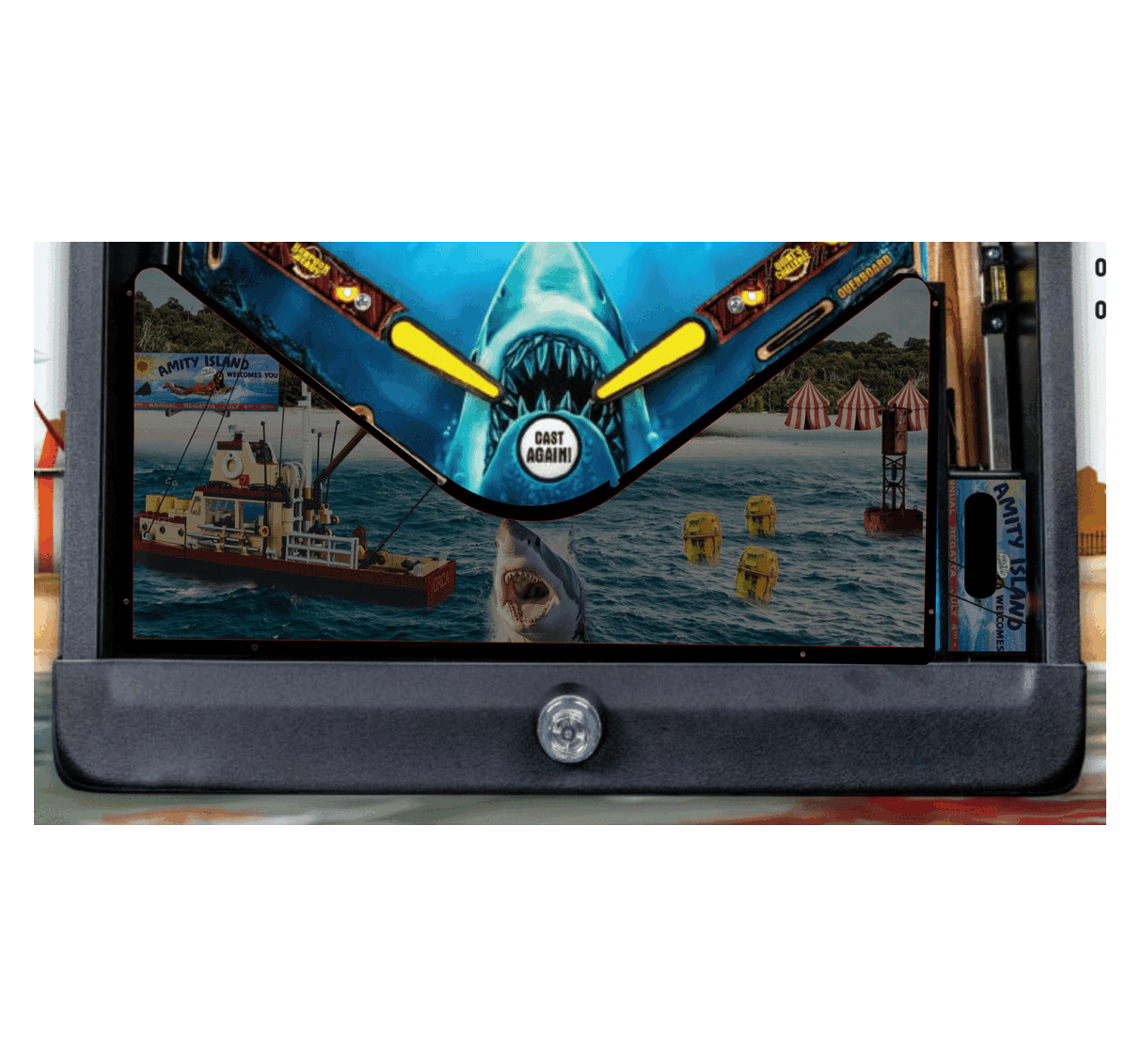 animated photo of a Pinball machine with a colorful shark theme