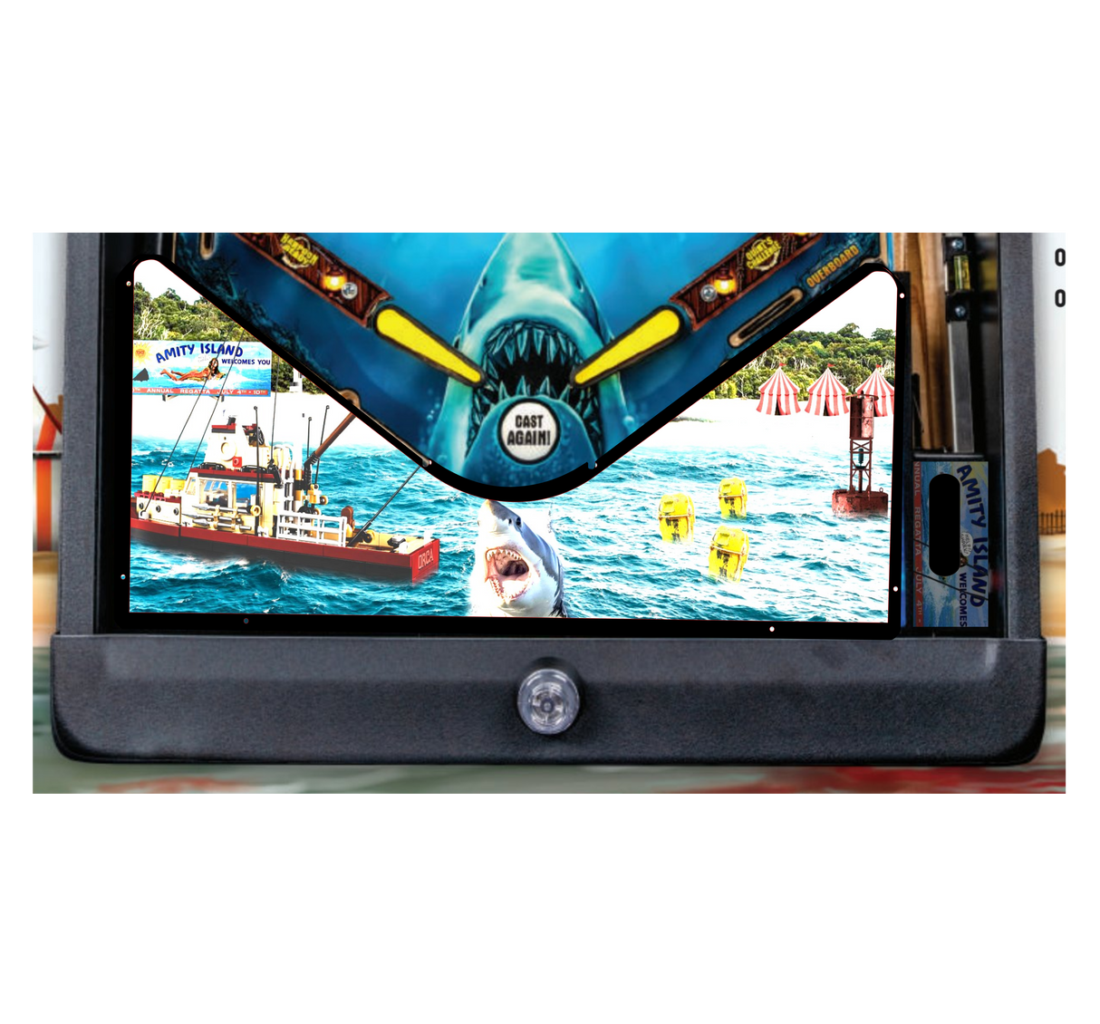 Pinball machine with a colorful shark theme