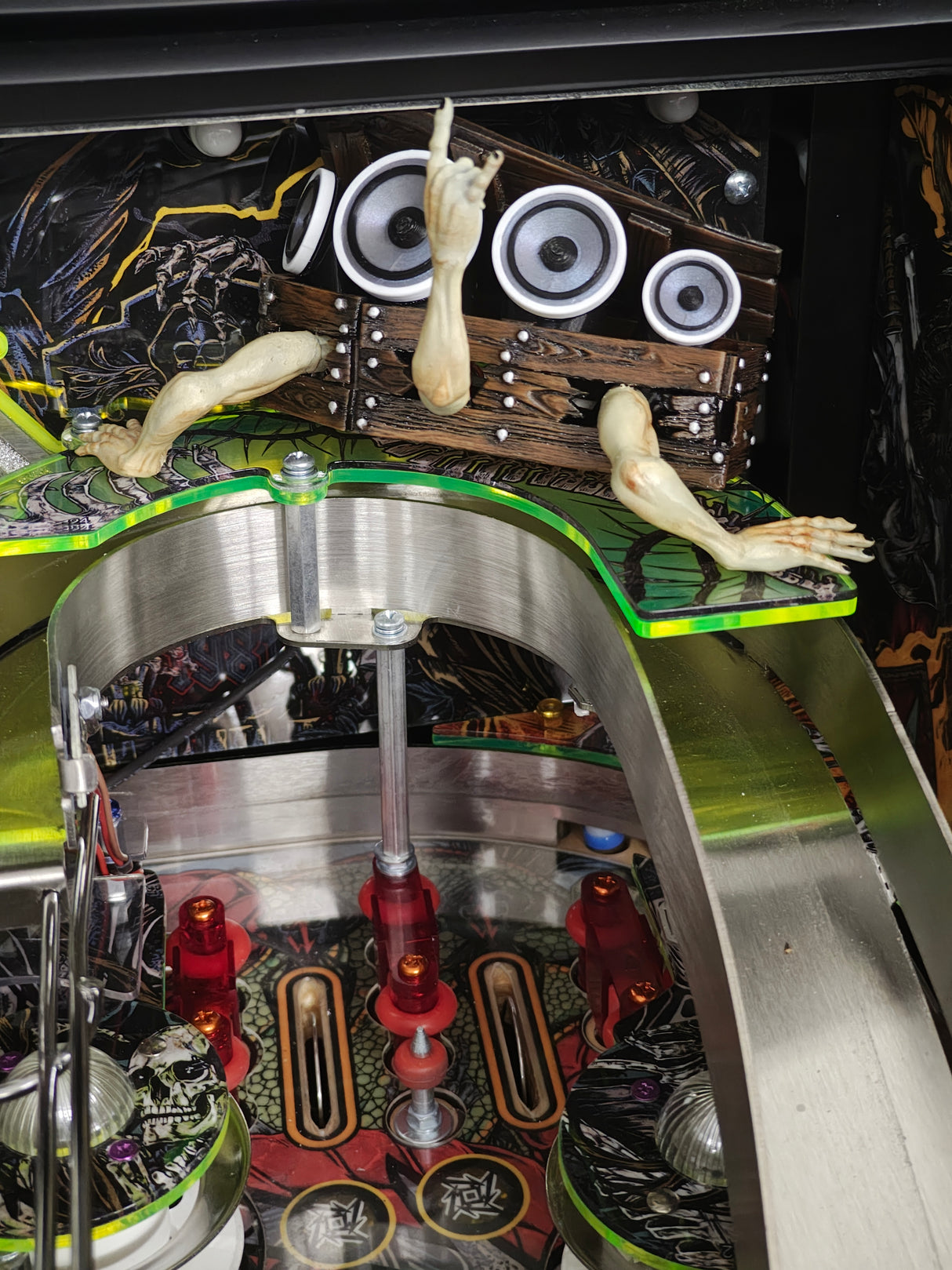 Close-up of a pinball machine components