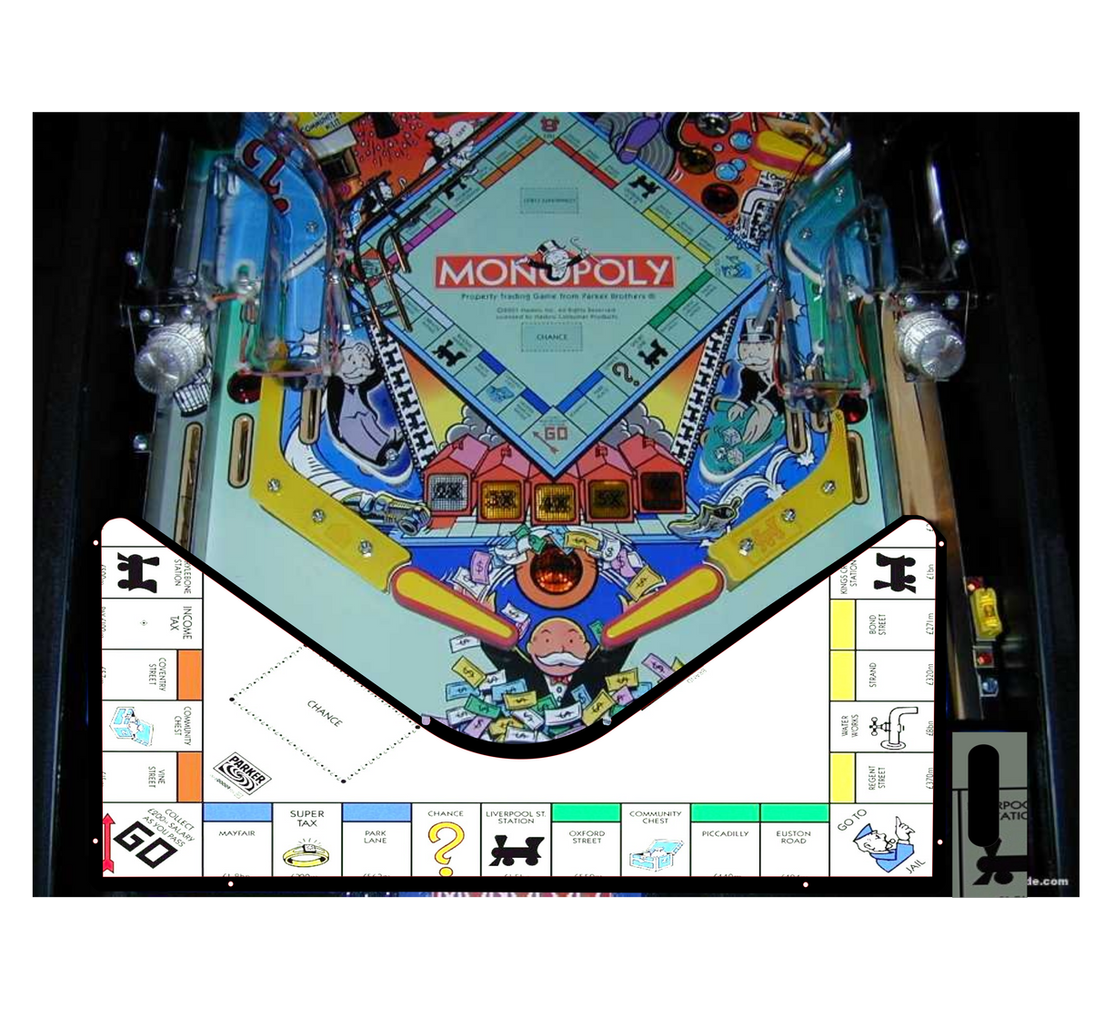 Monopoly-themed pinball machine with colorful design and gameboard layout.