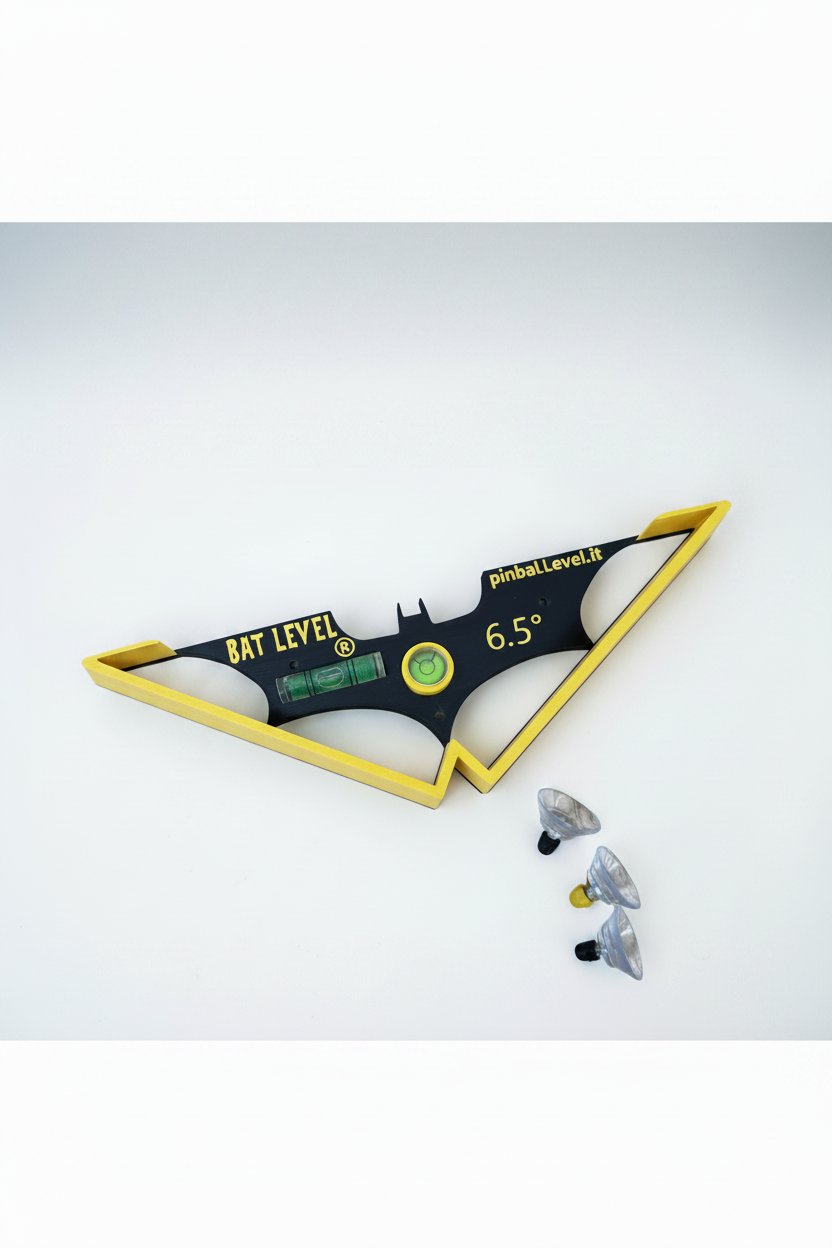 A bat-shaped electronic level device with a black center, yellow outer frame, green bubble level, and printed text reading 'BAT LEVEL' and 'pinbaLevel.it 6.