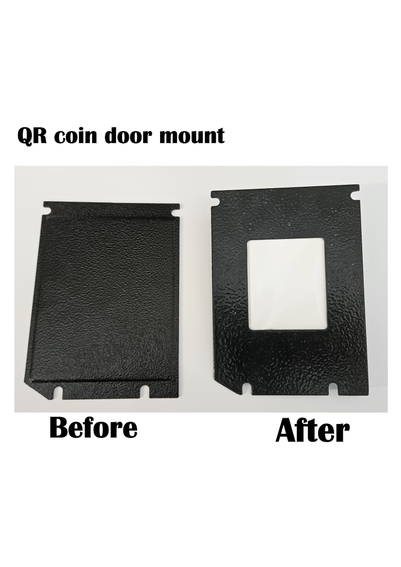 Before and after comparison of a QR coin door mount on a white background