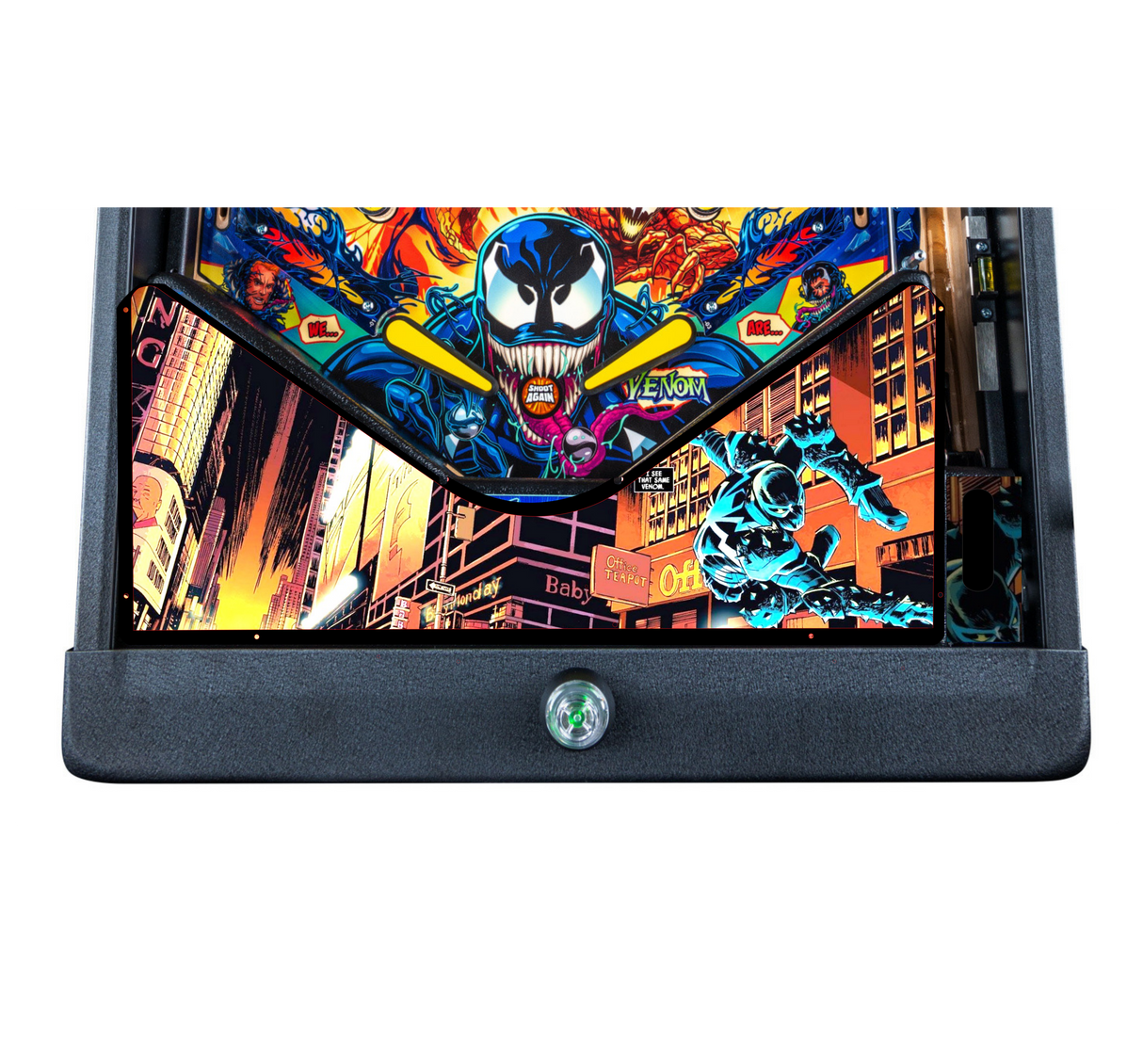 Pinball machine with Venom artwork on a white background