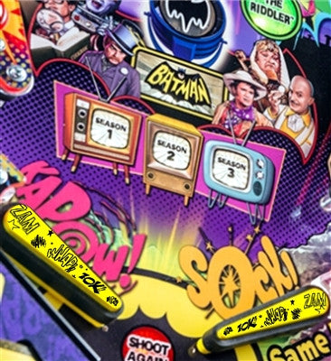 Colorful pinball machine accessory toppers featuring characters and elements from the Batman 66 series, with the ULEKstore logo at the bottom.