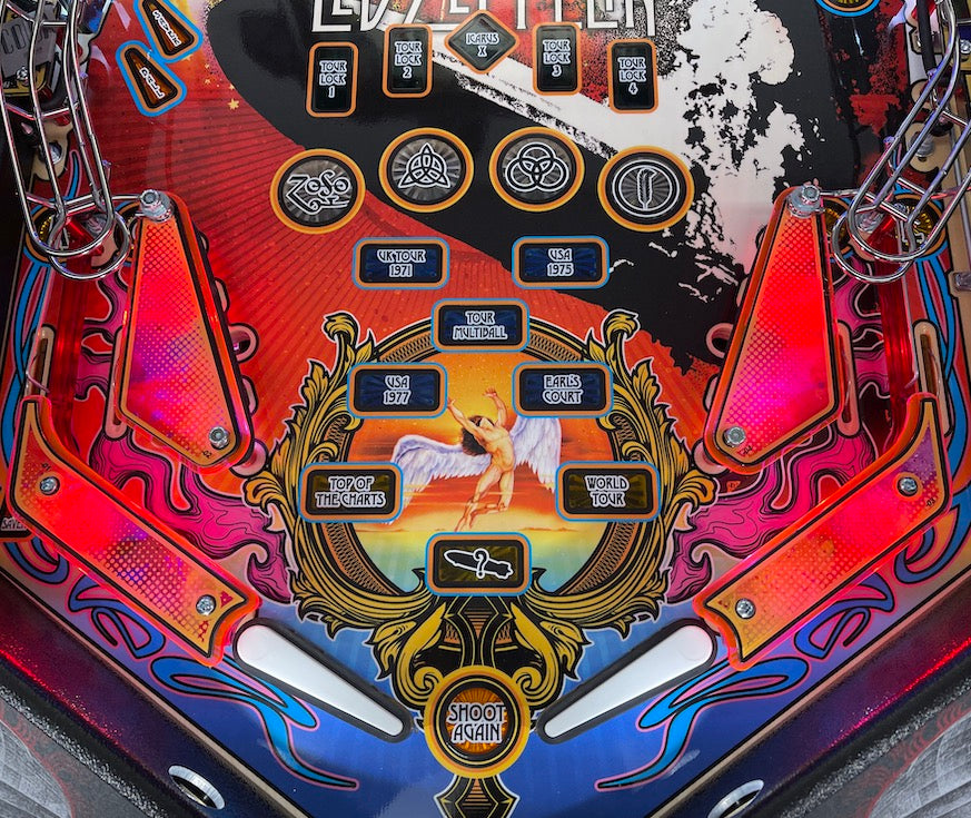 Colorful pinball machine accessory with a Led Zeppelin theme, featuring protective plastic covers with vibrant designs.