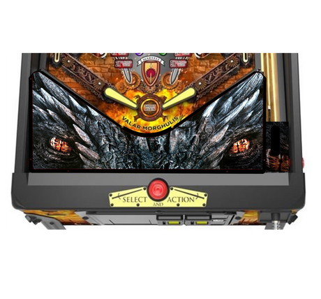 Pinball machine with detailed artwork and a red button on a white background