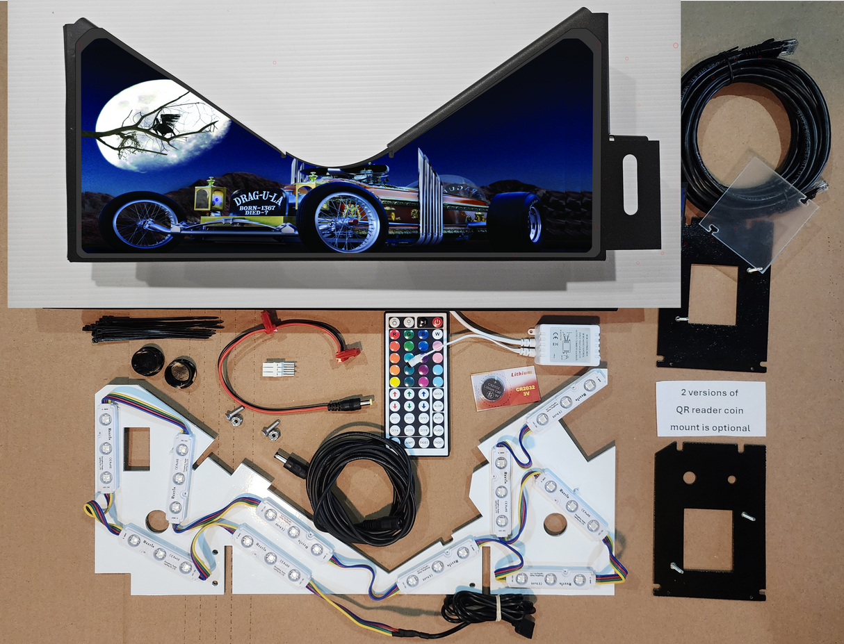 Pinball machine apron with electronic parts on a brown background