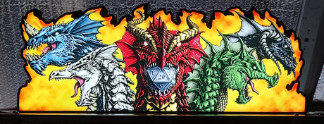 Colorful dragon heads with flames on a dark background