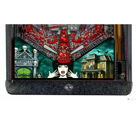 pinball machine with colorful artwork featuring elvira and halloween theme