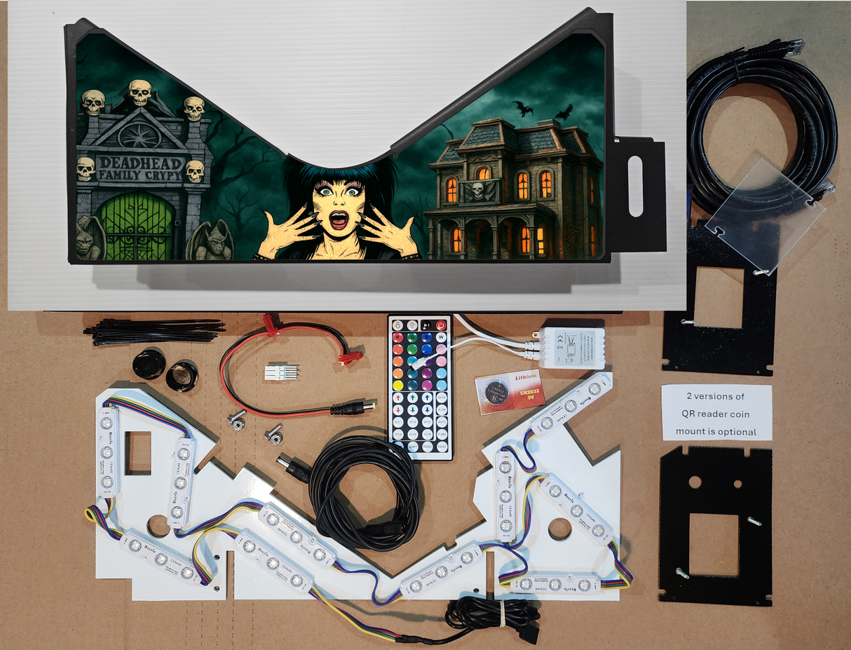 pinball machine with colorful artwork featuring elvira and halloween theme with electronic parts on a brown background