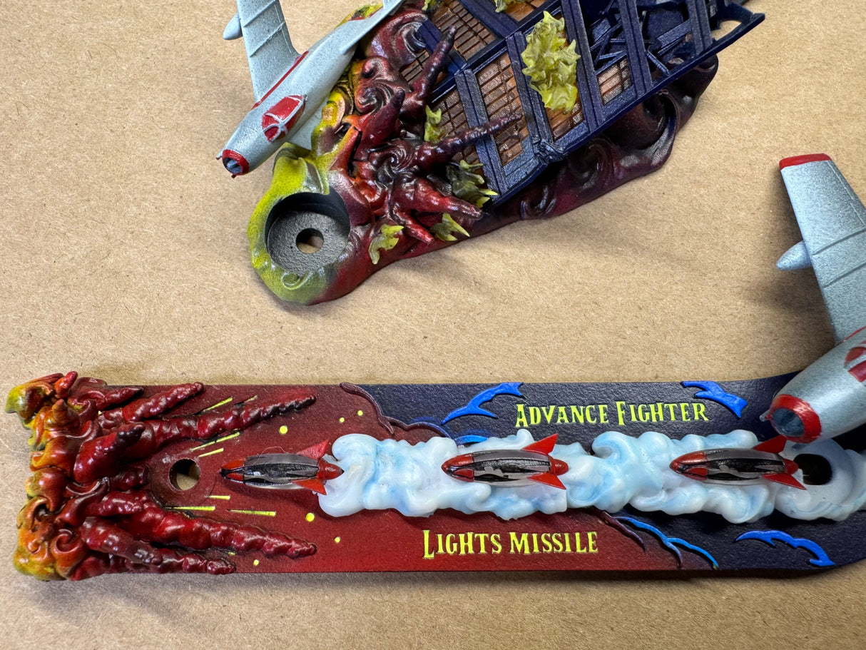 Toy model of a fighter jet with a detailed background on a beige surface