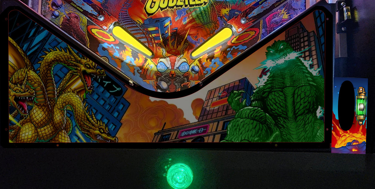 Pinball machine apron with colorful artwork featuring a dragon and superhero character.