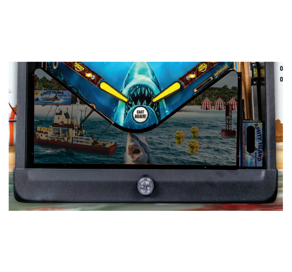 Pinball machine with a shark and boat design on a screen