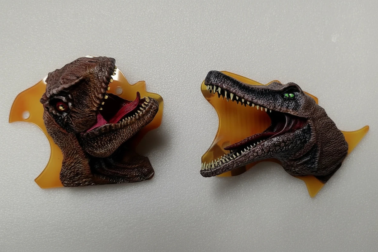 dinosaur heads on orange acrylic