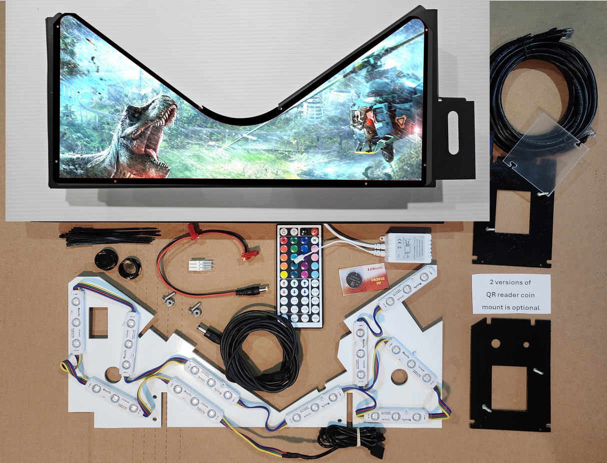 Pinball machine apron with colorful design on a white background with electronic parts on a brown background