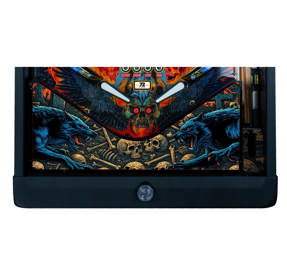 Pinball machine with dragon and skull design on a white background