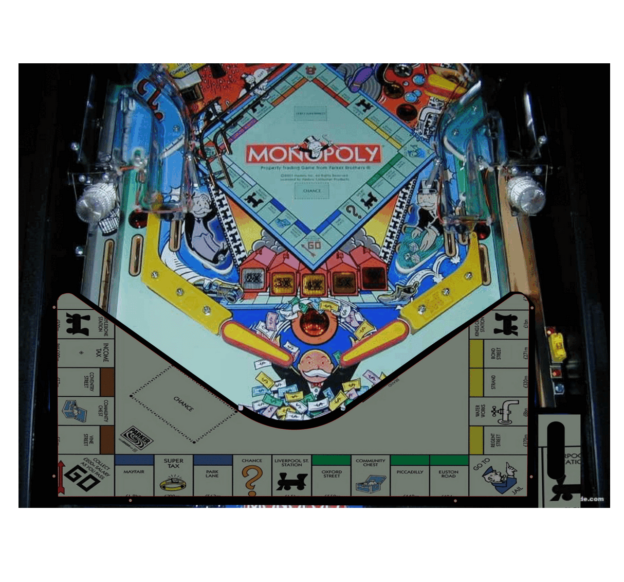 Monopoly-themed pinball machine with colorful design and gameboard layout.