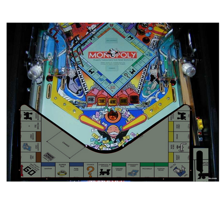 Monopoly pinball machine with colorful design and 'Monopoly' branding.