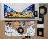 Pinball machine apron with colorful graphics and electronic parts on a brown background