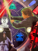 Character holding a lightsaber with promotional logos for Falcon Features, Jedi Master, and Jabba Events.