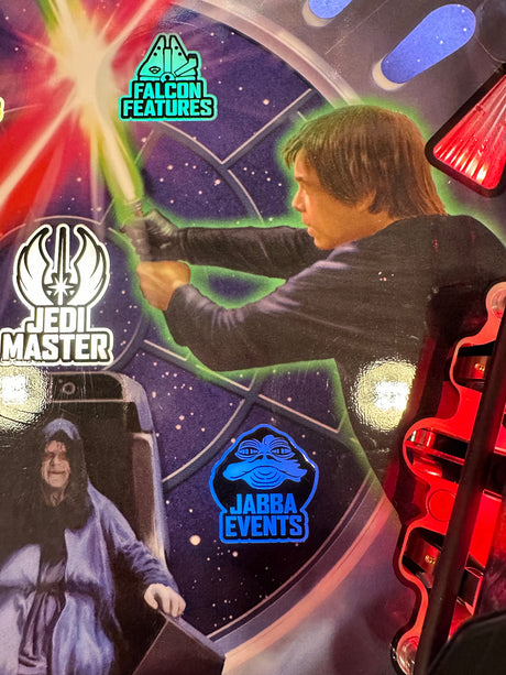 Character holding a lightsaber with promotional logos for Falcon Features, Jedi Master, and Jabba Events.