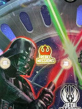 Pinball machine playfield with Darth radar  in a dark costume with a red lightsaber, surrounded by space-themed elements and 'Rebel Missions' logo.