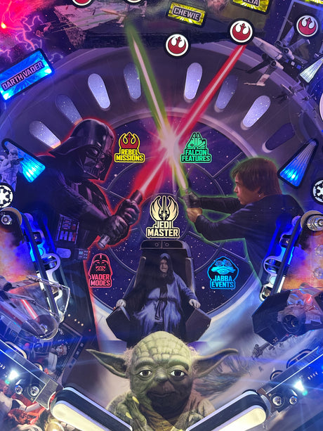 Star Wars-themed pinball machine with characters and symbols.