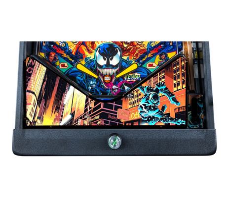 Pinball machine with Venom artwork on a white background