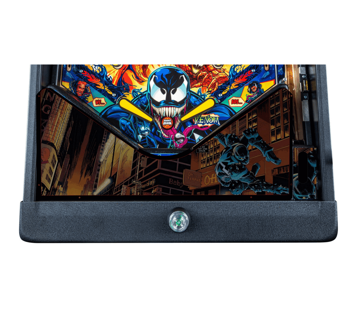 Pinball machine with Venom artwork on a white background