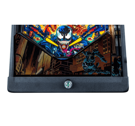 Pinball machine with Venom artwork on a white background