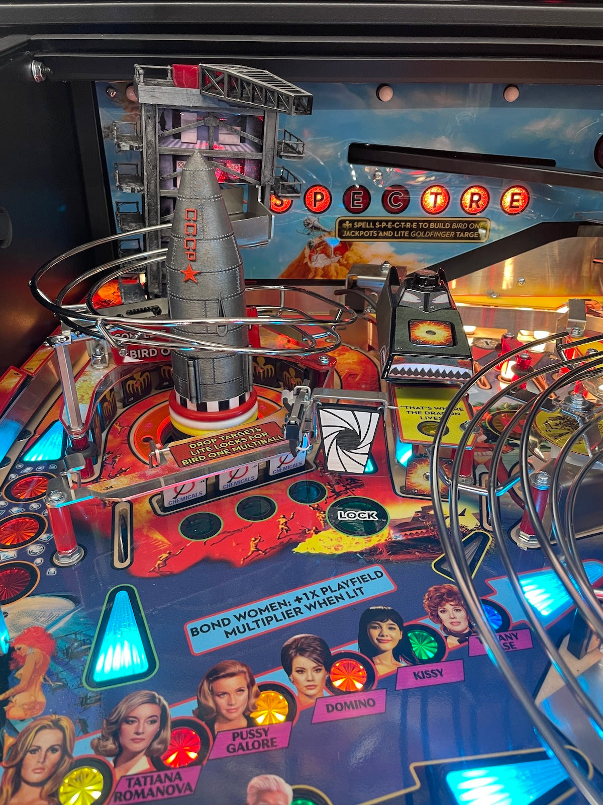Pinball machine with multicolored backglass featuring characters and elements from the James Bond 007 series.