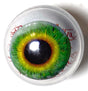A ceramic pinball ball designed to look like a human eyeball with green iris and black pupil, set against a white background.
